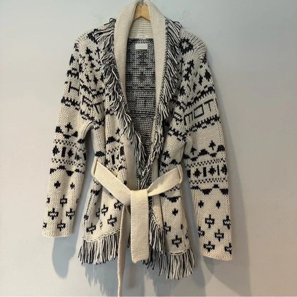 MOTHER Belted Short Cardigan Alpaca Blend Fringe Ivory Navy Blue S NWOT - Picture 5 of 11